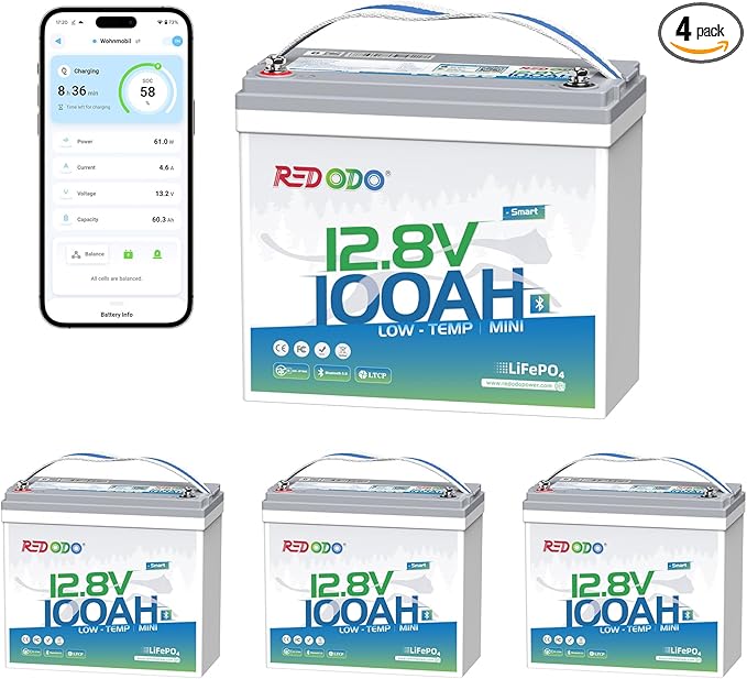 Redodo 12V 100Ah Smart Mini Bluetooth LiFePO4 Battery, Smallest Lithium Battery，Max 1280Wh, 10-Year Lifespan with Up to 15000 Deep Cycles, Upgraded 100A BMS for RV, Marine, Solar, Camping - 4 Pack