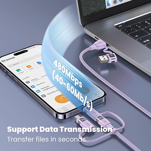 100W USB C Multi Charging Cable, USAMS 6.6FT 5-in-1 5A Fast Sync Charger Adapter Nylon Braided Type-C Cable for Laptop/Tablet/Phone and More