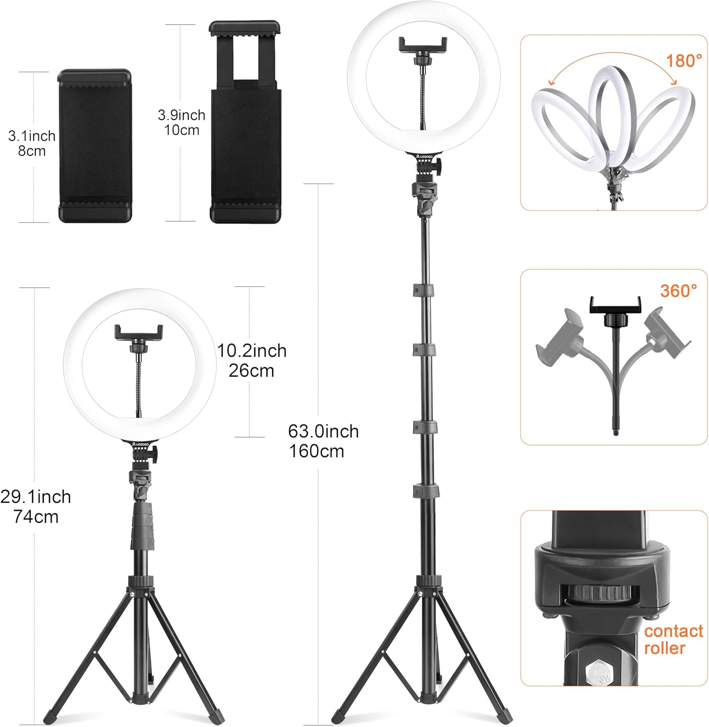 UEGOGO 10'' Ring Light with 72'' Tripod Stand, Dimmable LED Ringlight for Live Stream, Photography, Makeup, Video Recording