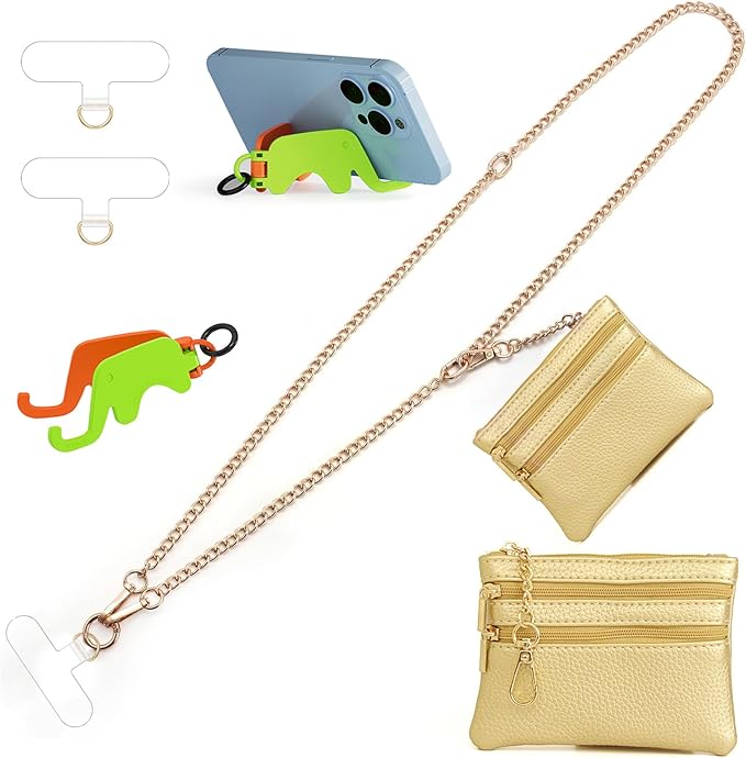 Clip and Go Strap for Phone Gold Metal Chain with Gold Purse Wallet Crossbody Phone Lanyard for Women with Cell Phone Stand Holder 2 Patches Tether Adjustable Anti Theft for iPhone 16 15 14 All Phones