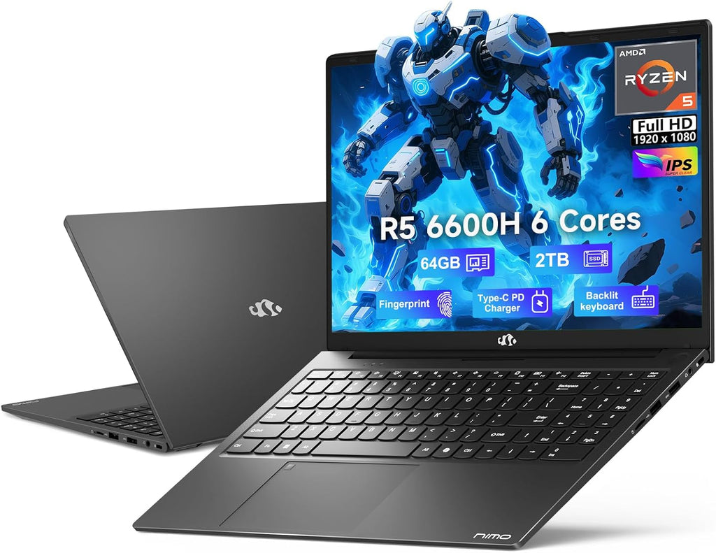 NIMO 15.6" IPS FHD-Gaming-Laptop, AMD Ryzen 5 6600H 6-Cores 660M GPU 64GB DDR5 RAM 2TB SSD(Beat i7-1165G7, Up to 4.5GHz) Computer with 100W GaN Type C Fingerprint Backlit Keyboard Win 11