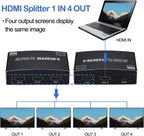 HDMI Splitter 1 in 4 Out, 1x4 HDMI Splitter Audio Video Distributor Box Support 3D & 4K x 2K Compatible for HDTV, STB, DVD, PS3, Projector Etc