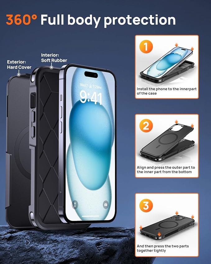 Lanhiem for iPhone 15 Case Magnetic, [2 Pack Tempered Glass Screen Protector][Compatible with MagSafe][10 FT Military Grade Shockproof] Heavy Duty Tough Rugged Phone Cover for iPhone 15 - Black