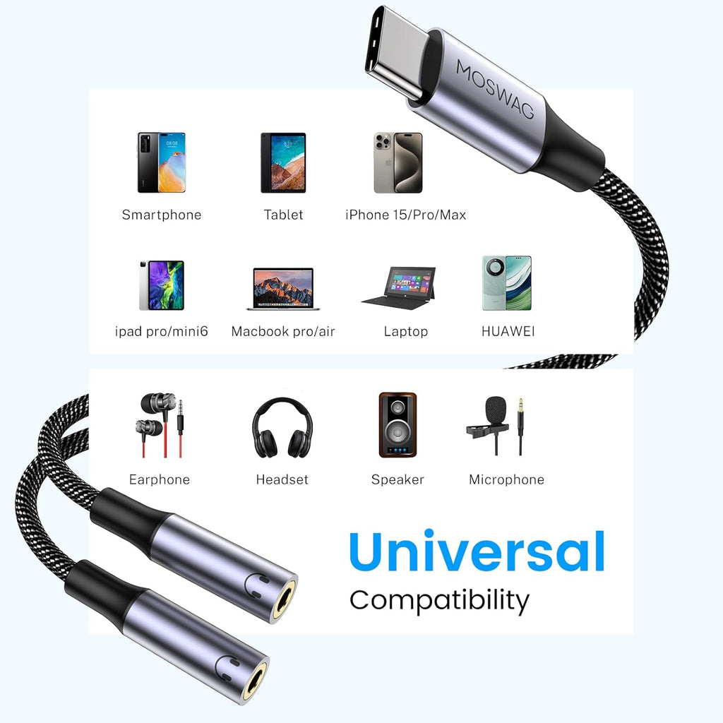 MOSWAG USB C to Dual 3.5mm Female Headphone Splitter,Type C to Dual 3.5mm Female Headphone Adapter Compatible with Pixel 7 6, Galaxy S23 iPhone 15 Pro Max/Pro/Plus