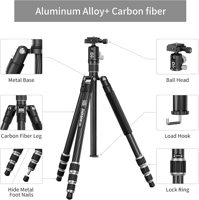 Carbon Fiber Camera Tripod, 62" Professional Video Tripod for Camera with 360° Ball Head, 1/4" Arca QR Plate, Compact Lightweight Travel Monopod for DSLR/Smartphone, Max Load 17.6 lbs/8kg
