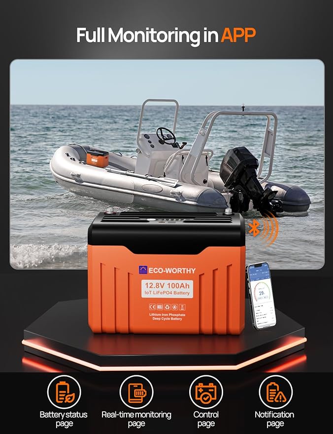 ECO-WORTHY 12V 100AH LiFePO4 Lithium Battery with SOC Display, Upgrade 2.0 with built-in Bluetooth, 100A BMS with Low-Temp Protection, Suitable for RV, Camping, Solar Off-Grid trolling motor