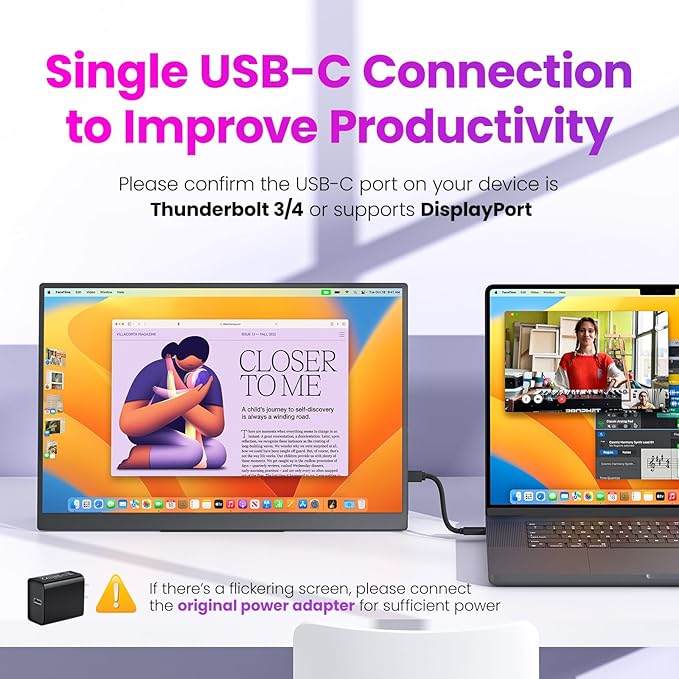 Portable Gaming Monitor 16 Inch QHD 2.5K 2560X1600 16:10 100 Hz 100% sRGB 10 Bit Travel Monitor for MacBook, Laptop, PC, Surface, Game Console, VESA Compatible, with Kickstand & Sleeve