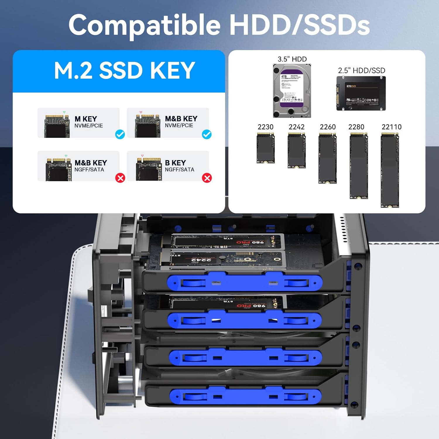 Hybrid 2*2.5/3.5" SATA HDD/SSD+6* M / B+M Key M.2 NVMe Enclosure with Cooling Fan and USB A/C 3.2 Gen 2, Hard Drive Enclosure Support 92TB(2*22TB HDD+6*8TB 2230/2242/2260/2280/22110 SSDs)