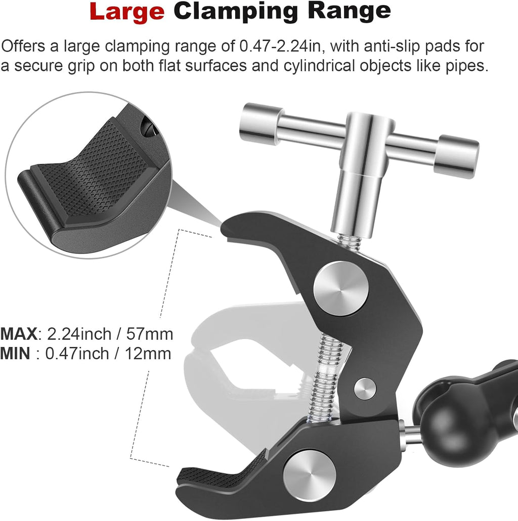 Double Super Clamp Camera Mount with Magic Arm, Aluminum Double Clamp Mount Umbrella Holder for Desk, Studio Light/Boom Stand, Photography Reflector, Cross Bars, Bike/Motor Handlebars (SY004)