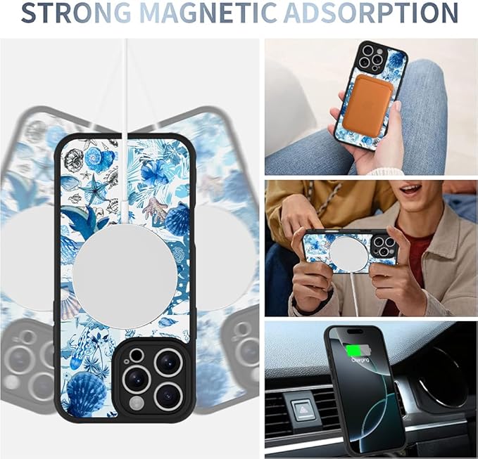 AIGOMARA Case for iPhone 16 Pro Max [Compatible with MagSafe] Blue Turtle Shell Ocean Collage Pattern Design for Women Girls Men Soft TPU Bumper Hack PC Back Shockproof Protective Slim Magnetic Cover