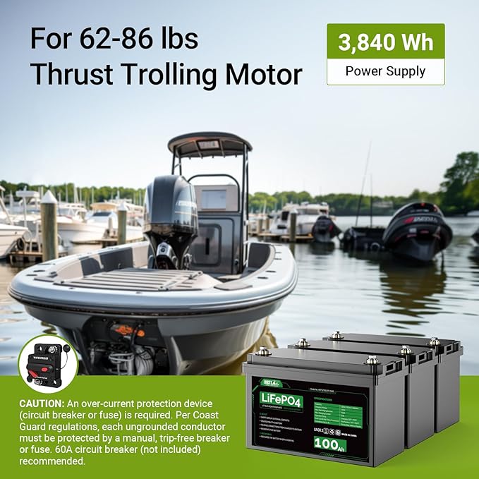 HQST LiFePO4 Battery 100ah Lithium Battery, 12V Lithium Iron Phosphate Battery Deep Cycle Marine Battery, 10 Year Lifetime with Low & High Temp Protection for RV, Trolling Motor, Boat-3 Pack