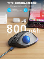 Wireless Trackball Mouse, Ergonomic Bluetooth Rechargeable Computer Mouse, Backlit Rollerball Thumb Laptop mice with 5 Level DPI, Adjustable Angle, 3 Devices Connection for PC, Windows - Blue Ball