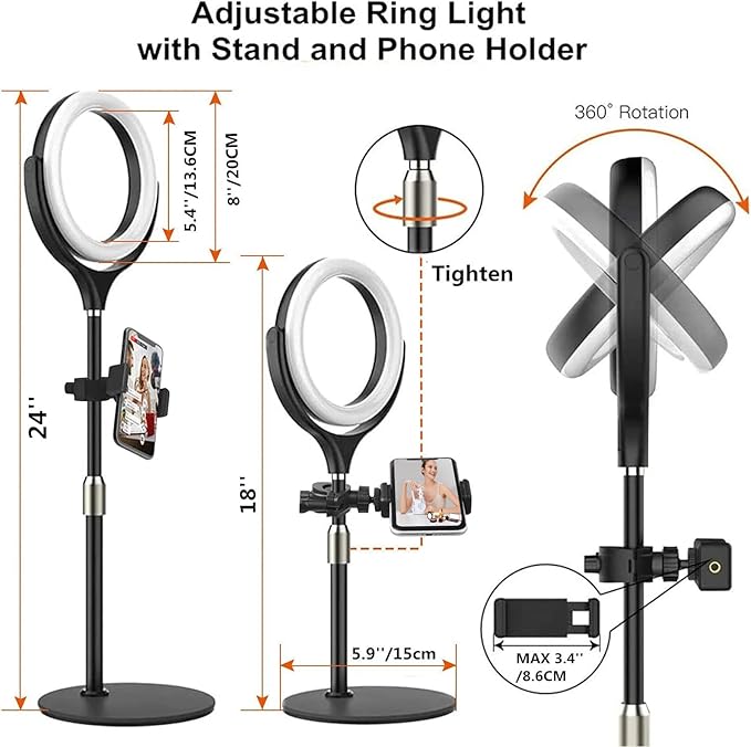 8 inch Desk Ring Light with Stand, Adjustable Computer Circle Light for Video Conference Lighting, Zoom Calls, Virtual Meeting, Video Recording, Selfie Light with Phone Holder for Streaming, Podcast