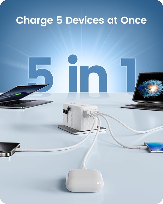 LENCENT 100W International Travel Adapter, Universal Travel Adapter with 2 QC USB-A & 2 PD3.0 Type C Power Adapter, Fast Charging for Phone,Laptops, All-in-One Outlet Adapter for USA/UK/EU/AUS, White