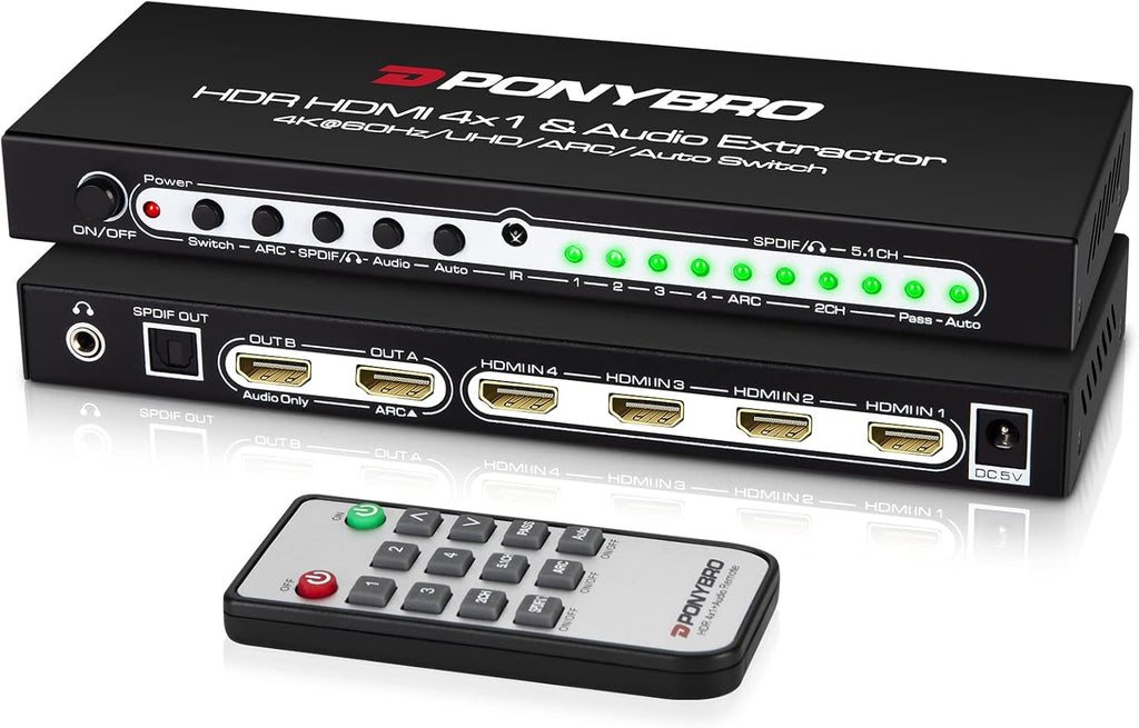 HDMI 2.0 Switch 4 Port with Audio Extractor – 4K@60Hz HDR10, Optical/AUX/ARC Audio Output, Auto-Switching for PS5/Xbox/Soundbar, Dolby Digital & DTS Support, Remote Included.