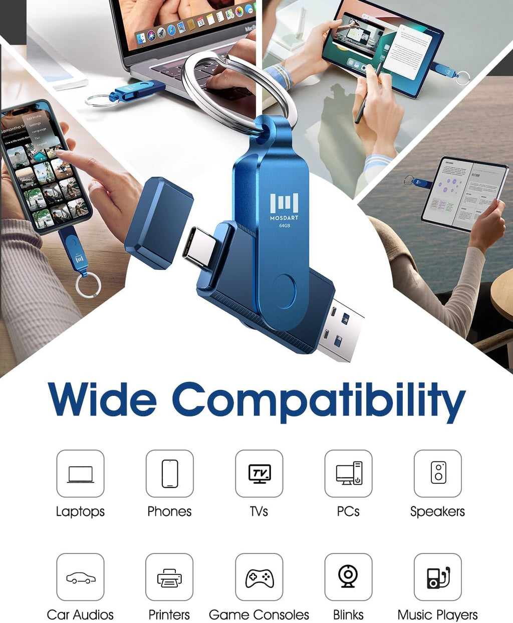 MOSDART 64GB Dual USB C Flash Drive, Speed Up to 150MB/S Type C 3.1 Thumb Drive with Keychain, for iPhone 15 and 16, Android Phone, iPad, MacBook, and Laptops, Navy Blue