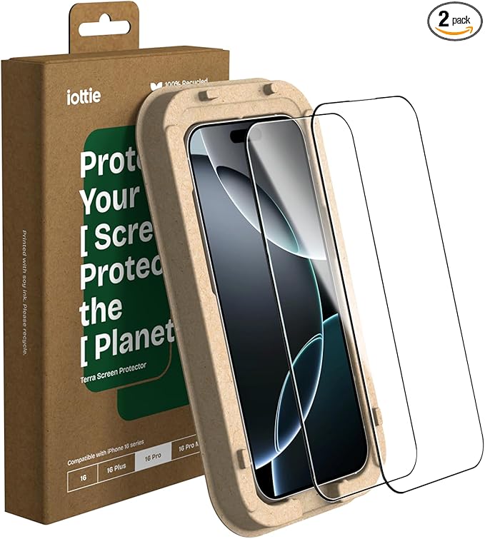 iOttie Terra iPhone 16 Pro Tempered Glass Screen Protector Military Grade 9H Hardness Shatterproof Scratch Resistant, Edge to Edge Protection Easy Bubble Free Install, 2 Pack