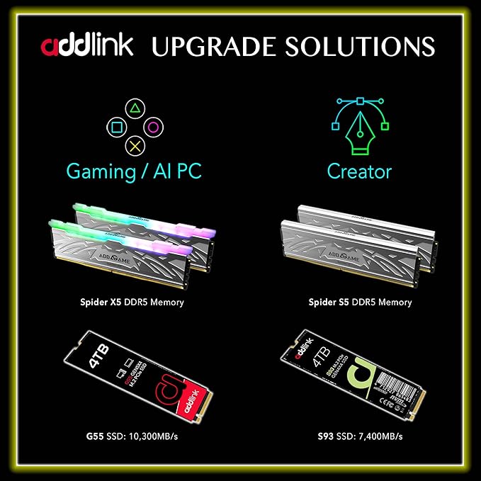 Addlink G55 2TB PCIe 5.0 Gen5 NVMe M.2 SSD- Up to 10,300 MB/s - PC Gaming Upgrade, Photography, Video Editing & Design - Internal Solid State Drive (ad2TBG55M2P)