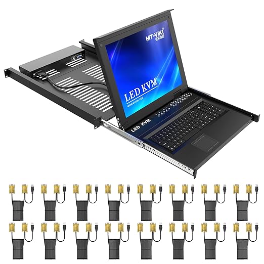 MT-VIKI Rack KVM Switch w/17'' LCD Monitor, 16 Port VGA KVM Switch with Keyboard Touchpad Monitor, Fit for 1U 19'' Rack, OSD/Hotkey/Button 【with 16 VGA KVM Cable】