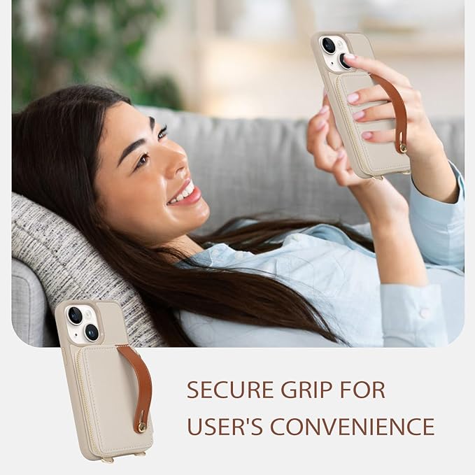 LAMEEKU for iPhone 15 Wallet Case with Credit Card Holder, Zipper Leather Crossbody Case with Phone Grip Holder Stand Wrist Strap Lanyard for Women for Apple iPhone 15 6.1 inch Beige