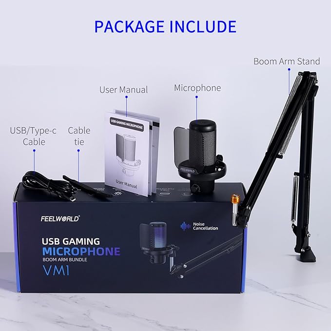 FEELWORLD VM1 Gaming PC USB Microphone Condenser Mic with Noise Cancellation Mute RGB Light, Computer Accessories Gifts for Gamer YouTube Twitch Podcast Streaming Recording Online Chat PS4 PS5