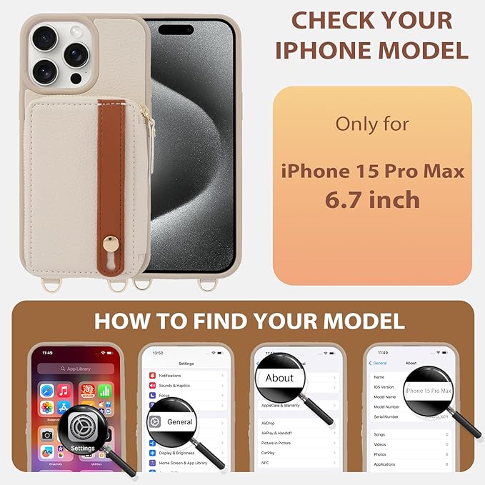 LAMEEKU for iPhone 15 Pro Max Wallet Case with Credit Card Holder, Zipper Leather Crossbody Case with Phone Grip Holder Stand for Women for iPhone 15 Pro Max 6.7 inch Beige