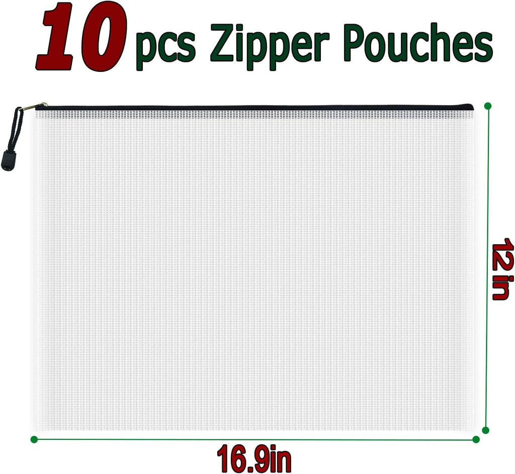 AUSTARK 10 Pcs Zipper File Bags, Waterproof Plastic Mesh Pouch for Office School, Board Game Storage Bags (A3 Size 16.9''x12'', White and Black)