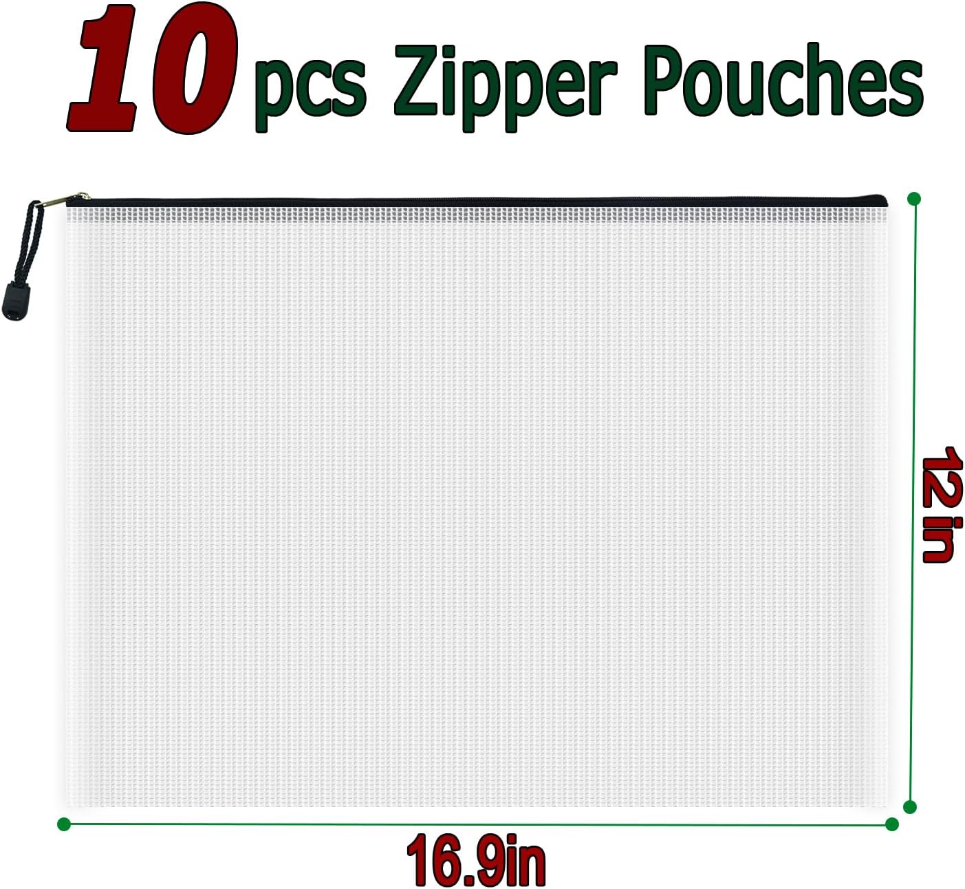 AUSTARK 10 Pcs Zipper File Bags, Waterproof Plastic Mesh Pouch for Office School, Board Game Storage Bags (A3 Size 16.9''x12'', White and Black)