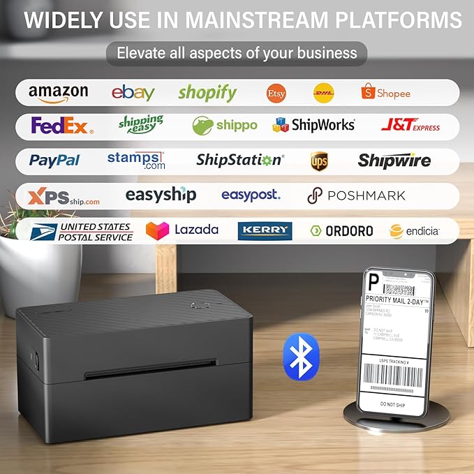 Label Printer, Bluetooth Shipping Label Printer with Black Label Holder, 4x6 Thermal Printer for Shipping Packages, Compatible with Android, iOS, Windows, Mac, Chromebook, Amazon, Ebay, UPS