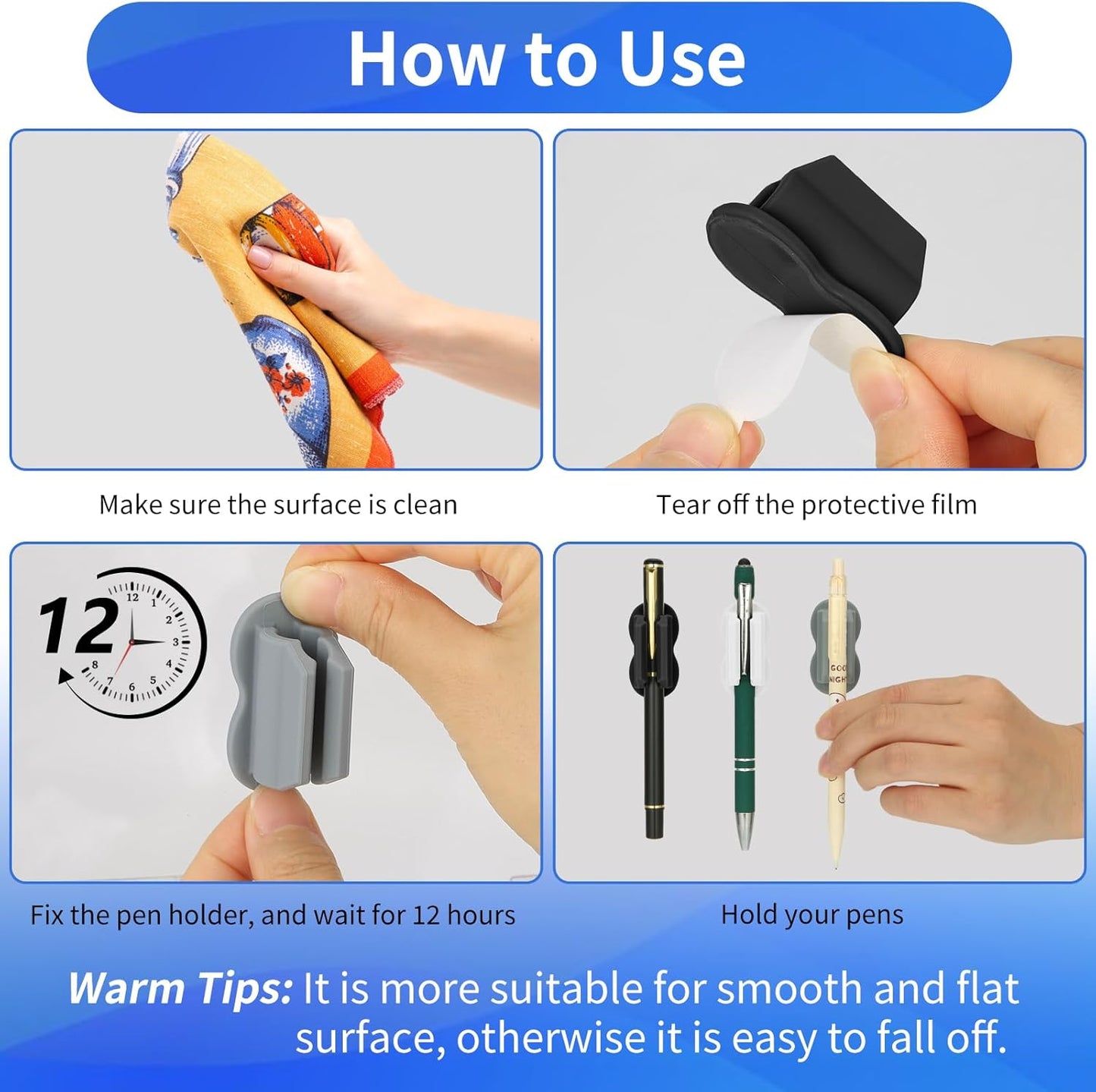 12PCS Pen Holder for Desk, Upgraded Adhesive Pen Pencil Holder for Desk Wall Clipboard Car Silicone Pens Markers Pencils Organizer Teacher Supplies Office Supplies (12PCS Multicolor)