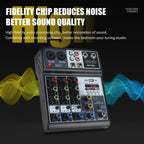 Mini audio audio mixers DJ mixer Sound Board Console System,4 Channel 48V Phantom Power with Bluetooth USB MP3 Stereo live DJ Studio Streaming for professional recording party KTV stage