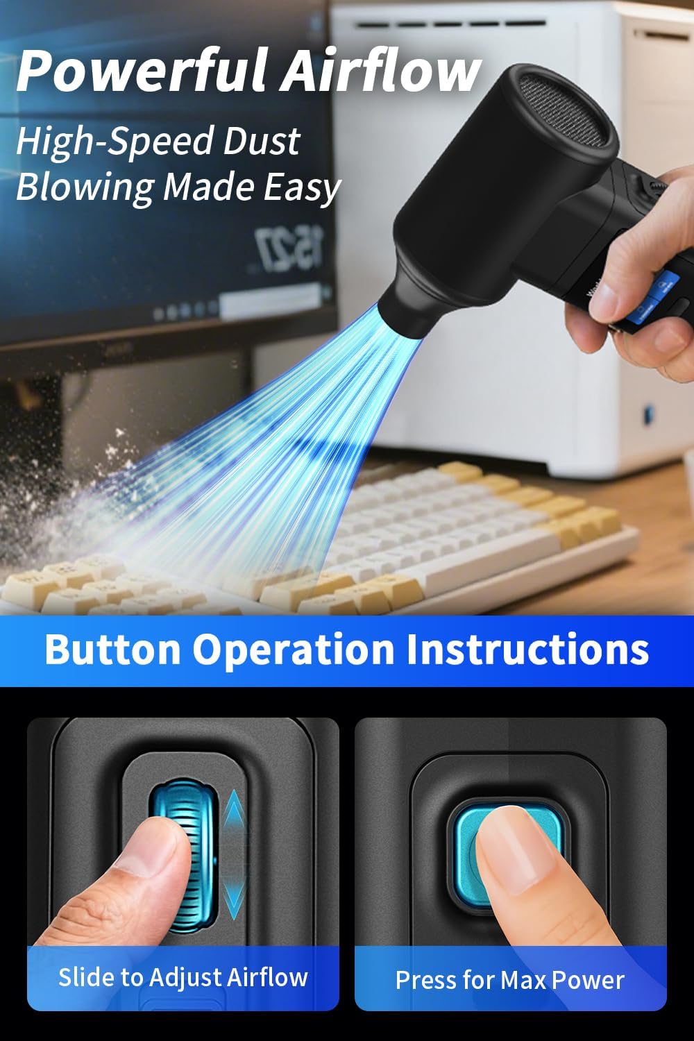 Instant Dust Removal – Electric Air Duster 130000 RPM, 40 mm Motor, 10000 mAh Battery & 30 W Fast Charge, TFT Screen, 300-Speed Control, Rechargeable Compressed Air Blower for PC & Electronics