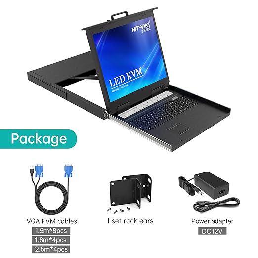 MT-VIKI 19'' LCD KVM Console, 16 Port VGA KVM Switch w/Keyboard+Monitor+Mouse+Drawer+Touchpad, Support OSD/Hotkey/Panel Button Switching (Included 16 KVM Cables)