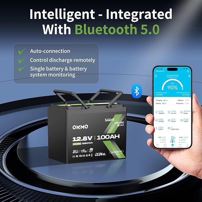 12V 100Ah LiFePO4 Battery with Bluetooth, BCI Group 24, Built-in 100A BMS, 1280Wh Rechargeable Deep Cycle Lithium Battery, 15000+ Cycles for RV, Marine, Solar, Trolling Motor, Home, Off-Grid