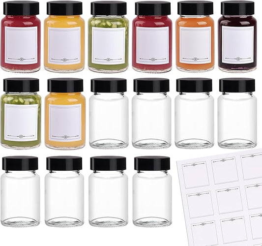 16 Pack 2 oz Glass Shot Bottles with Black Lids & Labels, Wide Mouth 60 ml Small Glass Bottles for Ginger, Leakproof Travel Mini Clear Jars for Wellness Shot, Juice - Dishwasher Safe