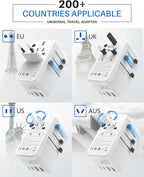DOACE Universal Travel Adapter, 100W GaN 3.0 International Power Adapter with Built-in USB-C Cable, 6 in 1 Travel Adapter with 5 USB Ports, Plug Adapter Worldwide for EU/UK/USA/AUS(White)