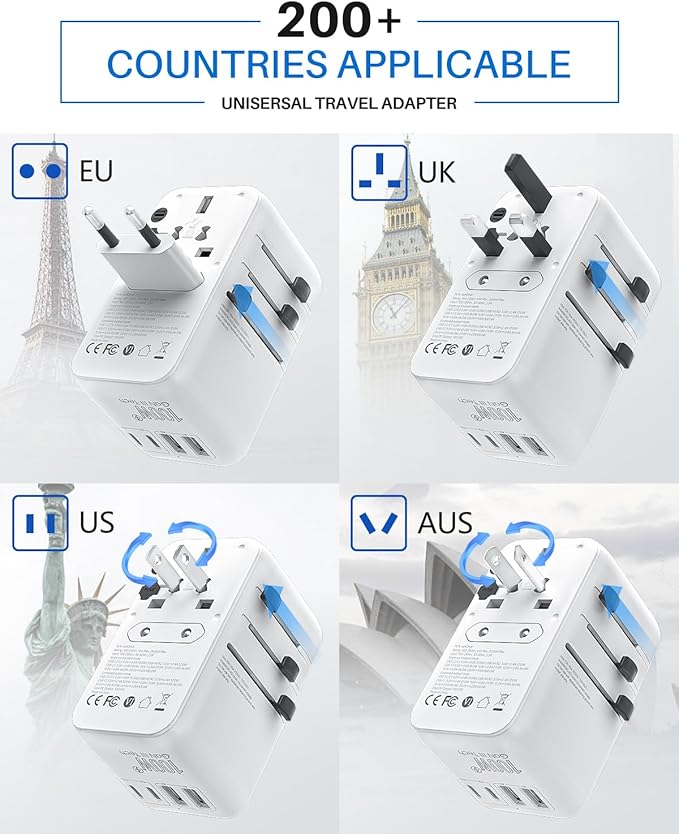 DOACE Universal Travel Adapter, 100W GaN 3.0 International Power Adapter with Built-in USB-C Cable, 6 in 1 Travel Adapter with 5 USB Ports, Plug Adapter Worldwide for EU/UK/USA/AUS(White)