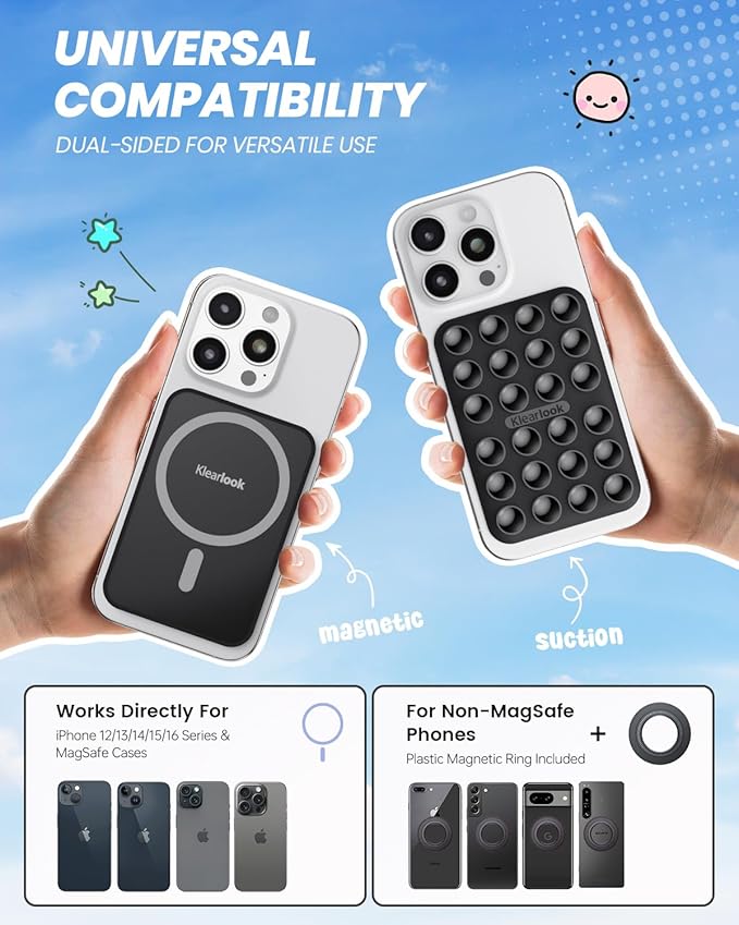 Klearlook Magnetic Suction Phone Mount for MagSafe Case, Removable Sticky Phone Grip Holder for Hands-Free Makeup/Selfie/Live Streaming/Vlog for TikTok & Instagram Influencer/Creator, Black