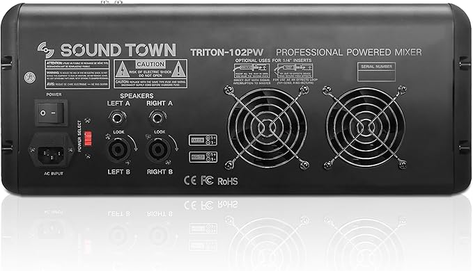Sound Town 10-Channel 2x800W Powered Mixer w/ 2 Bus, DSP effects, USB, MP3, Dual 7-band EQ, Phantom Power (TRITON-102PW)