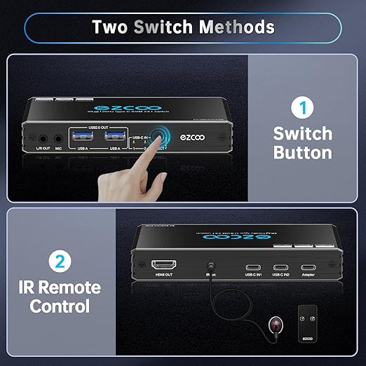 4K@120Hz USB-C HDMI2.1 KVM Switch for 2 Laptops with 2 USB 2.0 Ports L/R MIC Out Share 1 Monitors Keyboard Mouse Hard Drive Printer
