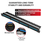 AMPCOM CAT6 24 Ports Patch Panel, Rack Mount - 1U, 19 inch，RJ45 Ethernet 568A 568B, Gold Plated, with Rear Cable Management Bar