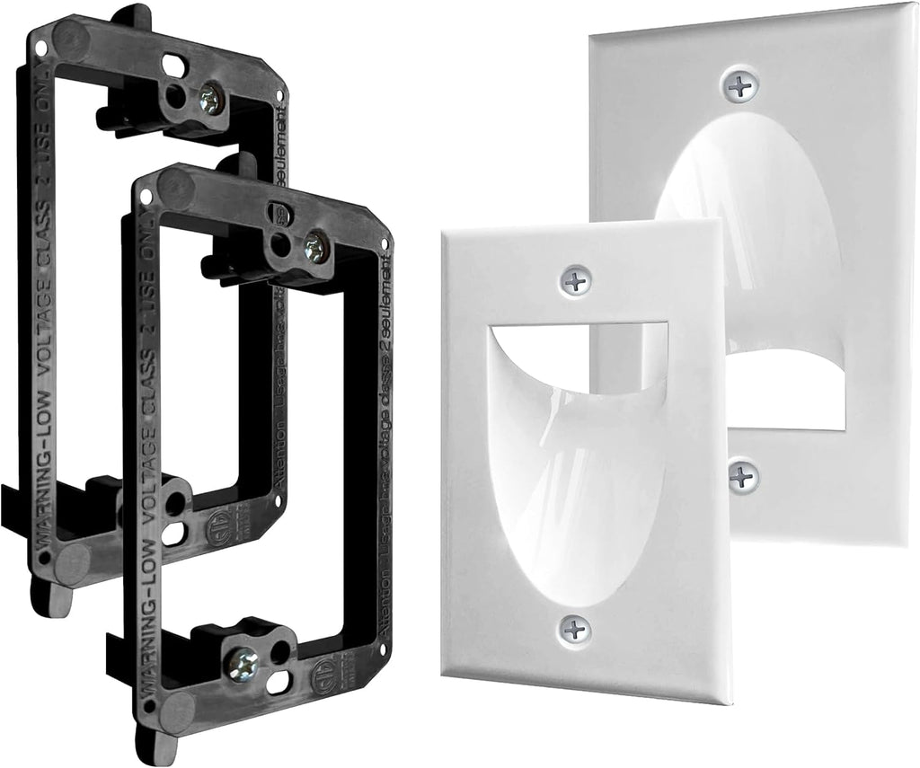 2 Pack Wall Plate with Bracket - In Wall Cable Management Kit - Recessed Wall Plate Cable Pass Through Pair with Single Gang Low Voltage Mounting Bracket - TV Cord Hider for Wall Mounted TV