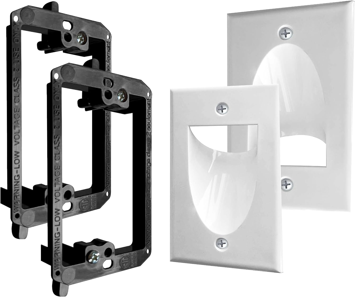 2 Pack Wall Plate with Bracket - In Wall Cable Management Kit - Recessed Wall Plate Cable Pass Through Pair with Single Gang Low Voltage Mounting Bracket - TV Cord Hider for Wall Mounted TV