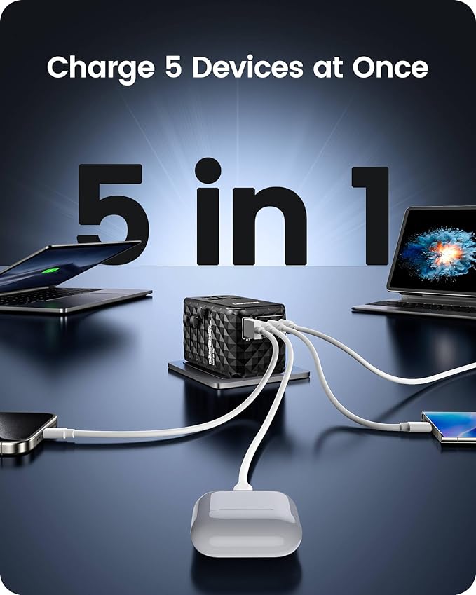 LENCENT 120W Universal Travel Adapter, GaN International Travel Adapter with 3 USB-C 1 USB-A Ports, Worldwide Fast Charger for Cameras Phones, All in One Power Converter for USA EU UK AUS Black