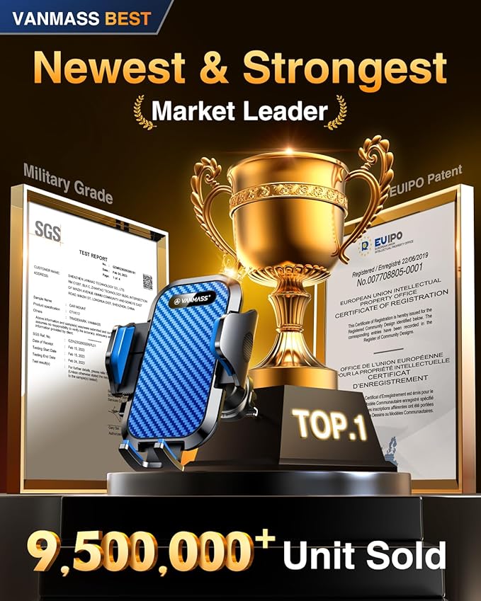 VANMASS Car Phone Holder Mount 2025 Upgraded [Patent Steel-Hook] Car Vent Phone Mount Clip Military-Grade Shockproof Cell Phone Car Mount Handsfree Truck Stand Vent Cradle for iPhone 16 Android,Blue