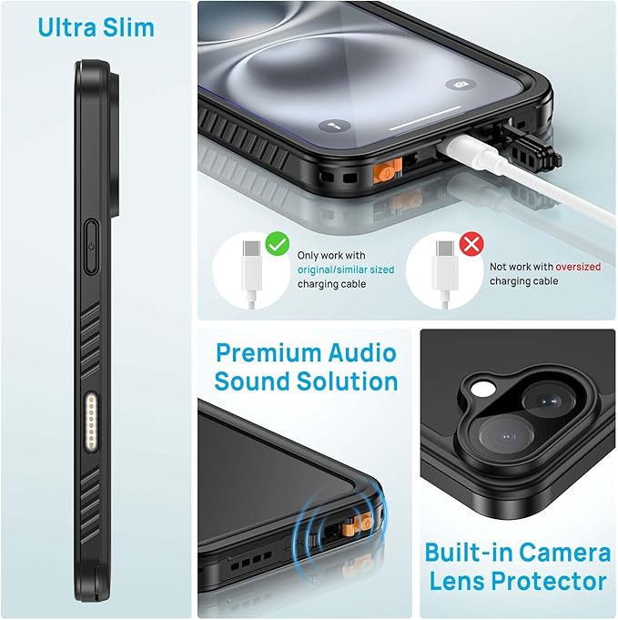 Lanhiem for iPhone 16 Plus Case, IP68 Waterproof Dustproof Shockproof Cases with Built-in Screen Protector, 360 Full Body Heavy Duty Rugged Phone Cover for iPhone 16 Plus - 6.7 inch (Black/Clear)