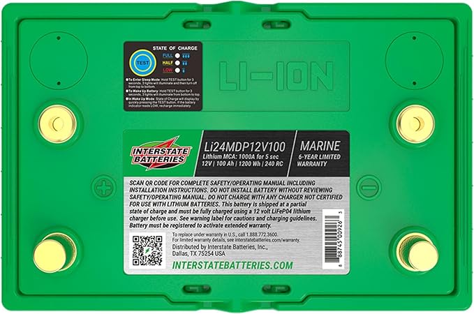 Interstate Batteries 12V 100Ah Group Size 24M Lithium Marine Dual Purpose Deep Cycle LiFePO4 Battery, Maintenance Free, Lightweight, Ideal For Boats with 1,000 Marine Cranking Amps (Li24MDP12V100)