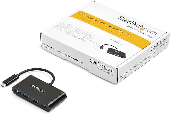 StarTech.com 4-Port USB-C Hub - Portable USB-C to 4x USB-A Hub - Bus-Powered USB 3.0 (5Gbps) Type-C Hub - USB 3.0 Port Expander (HB30C4AB)