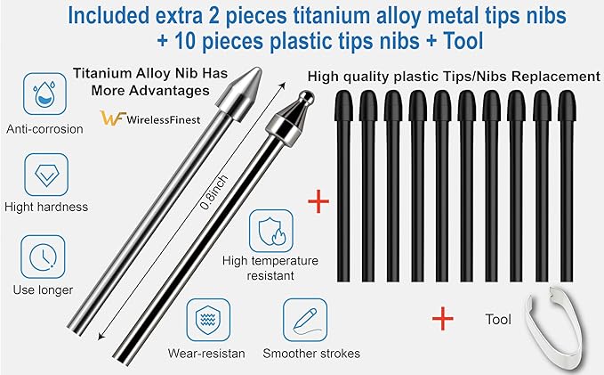 Soft Metal Nibs Tips Replacement For Samsung Galaxy Tab S10 Ultra Spen S9 S8 S7 S10+ S9+ S8+ Tab S9 Ultra S6 Lite S24 S23 S22 Ultra Note 9 Note 8 S Pen King Write + Tool, 10Pcs Standard + 2 Pcs Metal