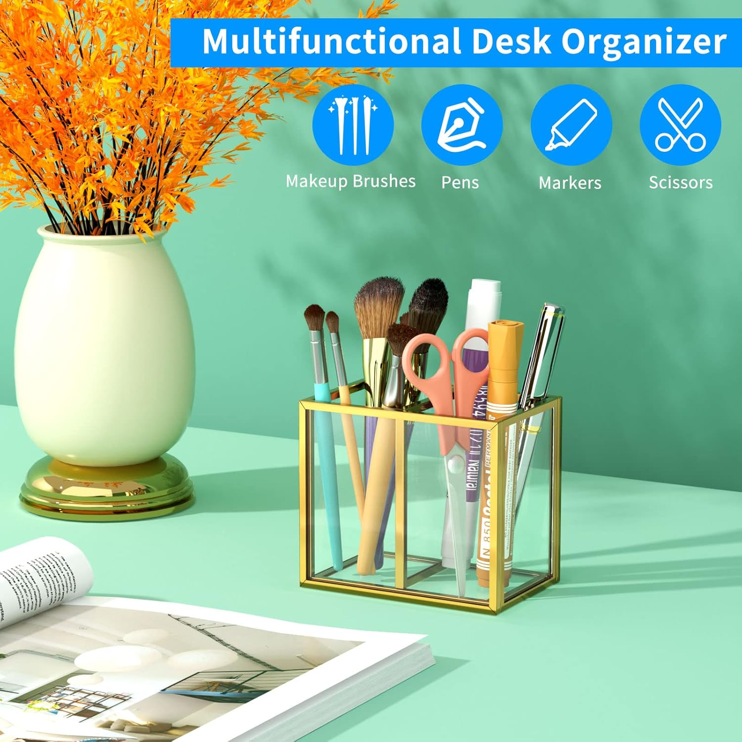 NIUBEE Gold Acrylic Pen Holder for Desk, Clear Pencil Cup Organizer Makeup Brush Holder, Acrylic Desk Organizers and Accessories for Desktop Office - 2 Compartments